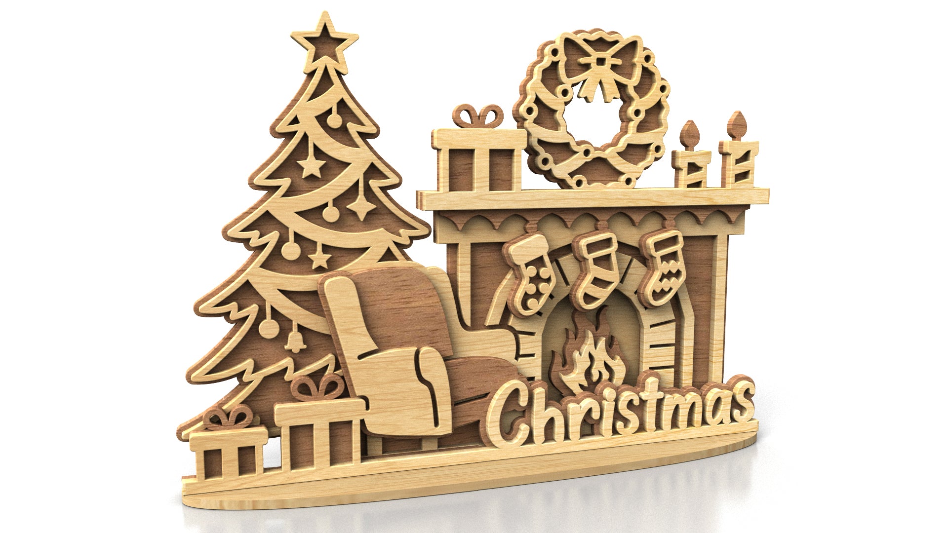 C297-Christmas Fireplace Layered Scroll Saw Pattern - Alex Fox Patterns
