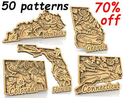 C240-US State with borders and symbols Scroll Saw Patterns - Alex Fox Patterns