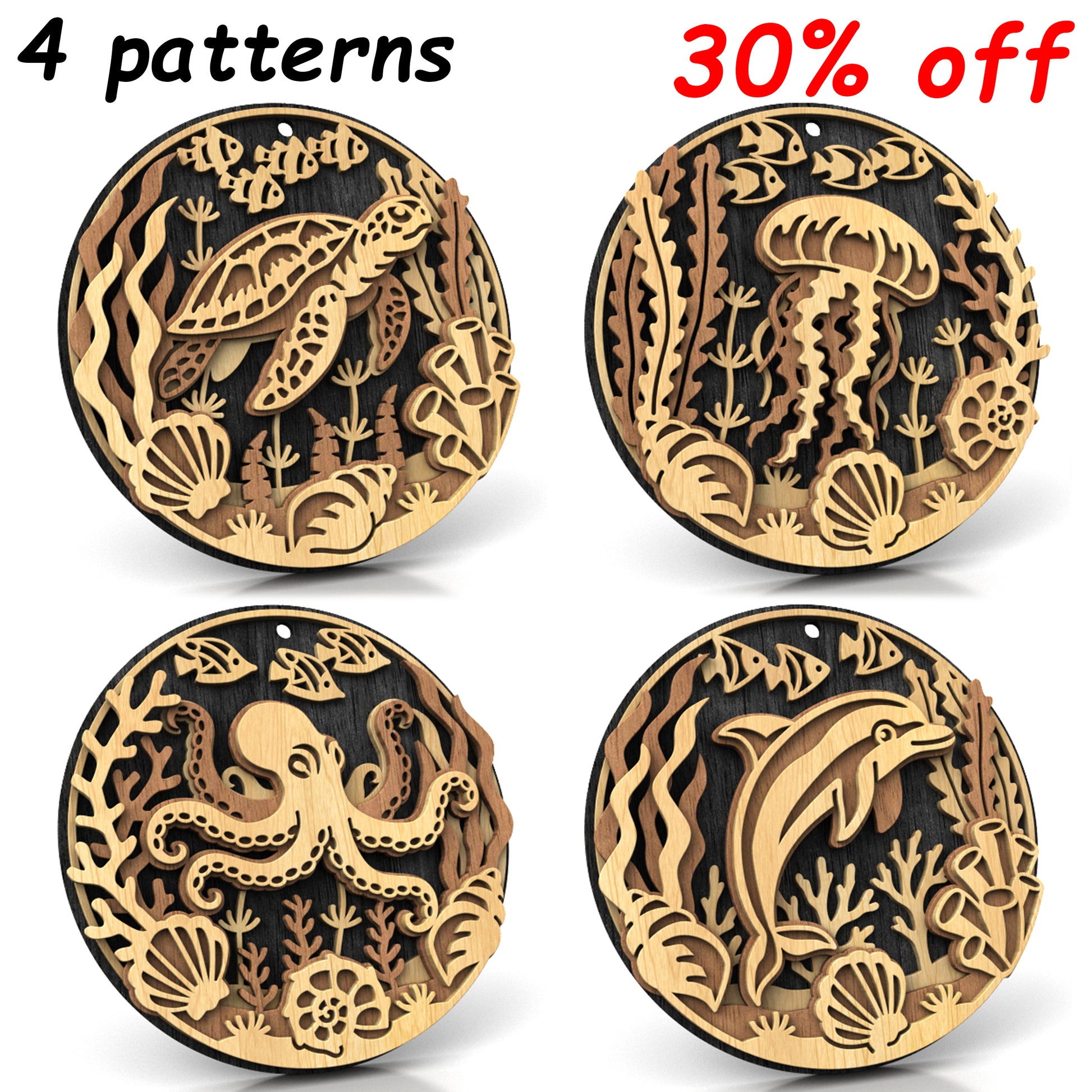 C309-Ocean Animals Set Layered Scroll Saw Pattern — Alex Fox Patterns