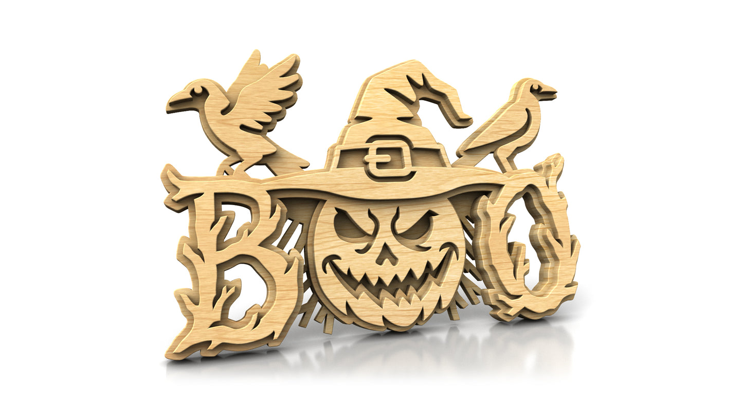 C324-Boo-Scarecrow Halloween Layered Scroll Saw Pattern — Alex Fox Patterns