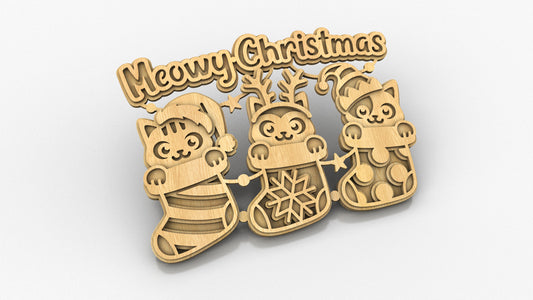 C248-Meowy Christmas Layered Scroll Saw Pattern - Alex Fox Patterns