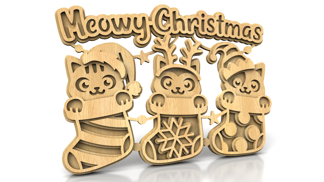 C248-Meowy Christmas Layered Scroll Saw Pattern - Alex Fox Patterns