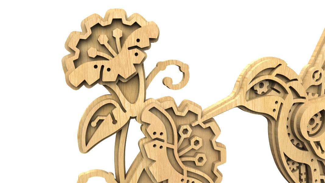 C285-Mechanical Hummingbird Layered Scroll Saw Pattern - Alex Fox Patterns