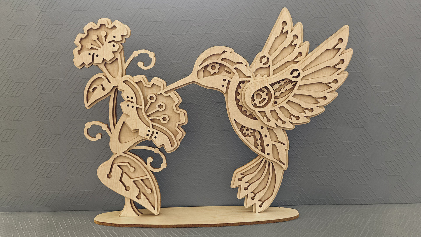 C285-Mechanical Hummingbird Layered Scroll Saw Pattern - Alex Fox Patterns