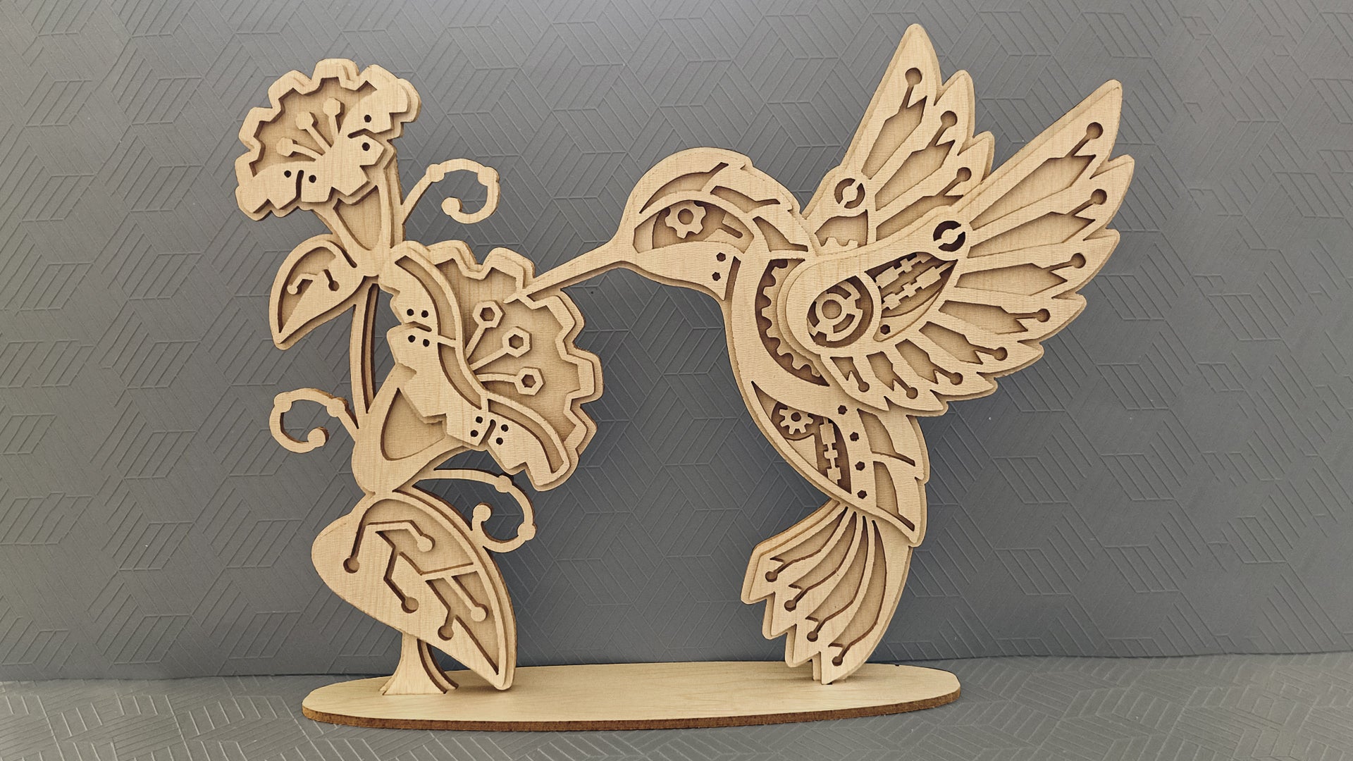 C285-Mechanical Hummingbird Layered Scroll Saw Pattern - Alex Fox Patterns