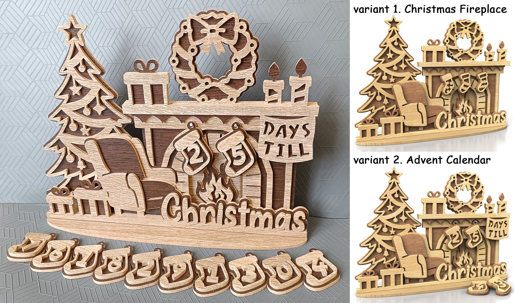 C297-Christmas Fireplace Layered Scroll Saw Pattern - Alex Fox Patterns