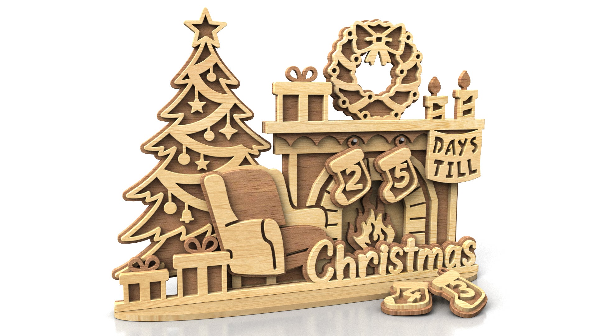 C297-Christmas Fireplace Layered Scroll Saw Pattern - Alex Fox Patterns