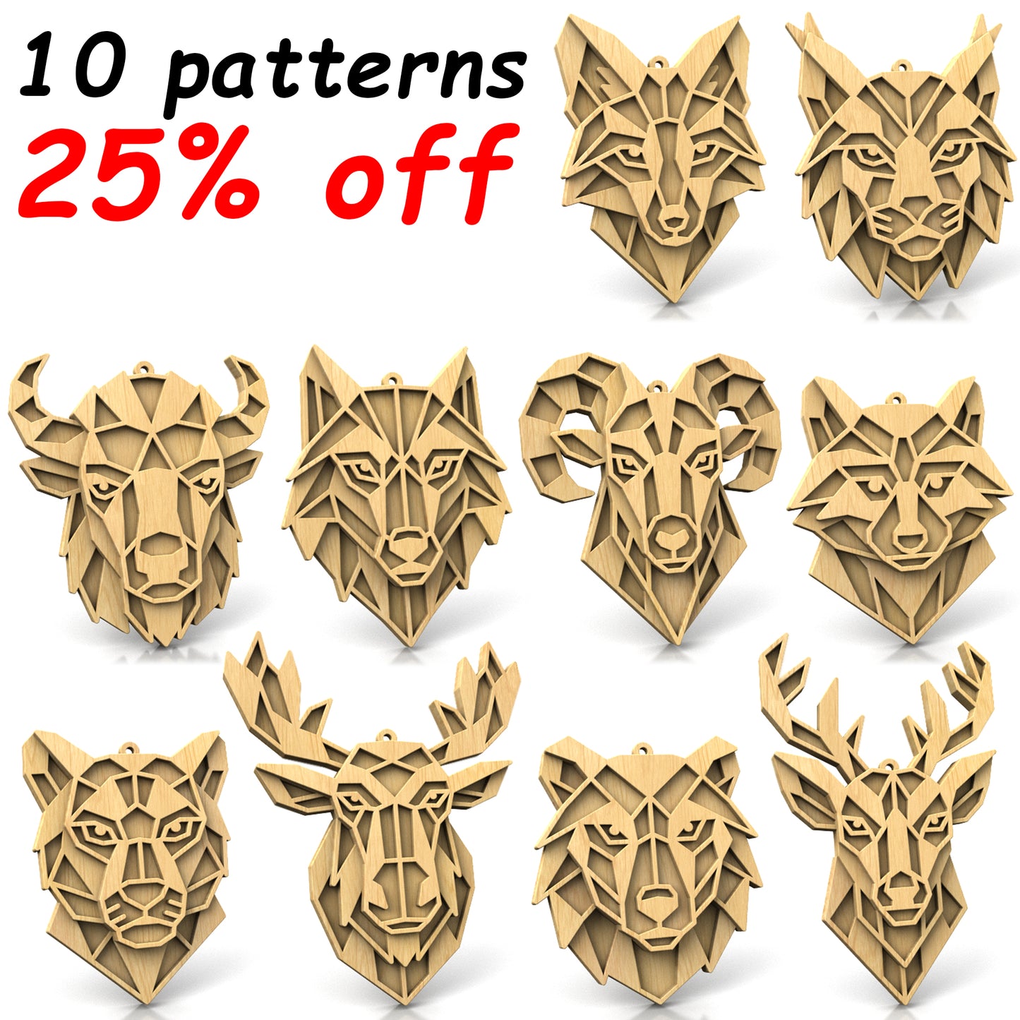 C300-Geometric Animal Set Layered Scroll Saw Patterns - Alex Fox Patterns