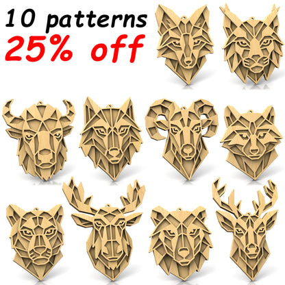 C300-Geometric Animal Set Layered Scroll Saw Patterns - Alex Fox Patterns